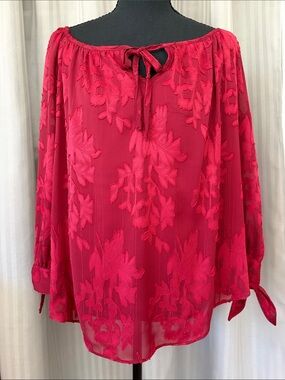 BCX Red Floral Sheer w/Lining Peasant Blouse